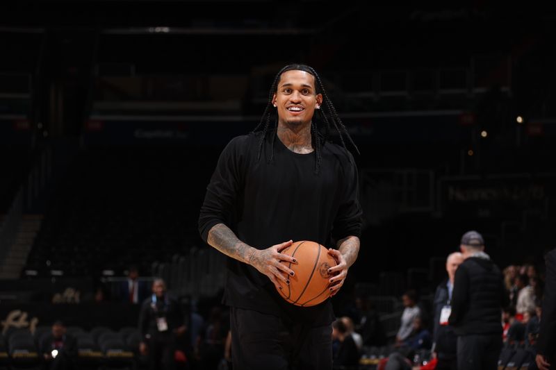 WASHINGTON, DC -? JANUARY 25: Jordan Clarkson #00 of the Utah Jazz warms up before the game against the Washington Wizards on January 25, 2024 at Capital One Arena in Washington, DC. NOTE TO USER: User expressly acknowledges and agrees that, by downloading and or using this Photograph, user is consenting to the terms and conditions of the Getty Images License Agreement. Mandatory Copyright Notice: Copyright 2024 NBAE (Photo by Stephen Gosling/NBAE via Getty Images)