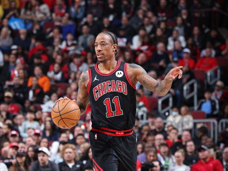 CHICAGO, IL - MARCH 25: DeMar DeRozan #11 of the Chicago Bulls dribbles the ball during the game against the Washington Wizards on March 25, 2024 at United Center in Chicago, Illinois. NOTE TO USER: User expressly acknowledges and agrees that, by downloading and or using this photograph, User is consenting to the terms and conditions of the Getty Images License Agreement. Mandatory Copyright Notice: Copyright 2024 NBAE (Photo by Jeff Haynes/NBAE via Getty Images)