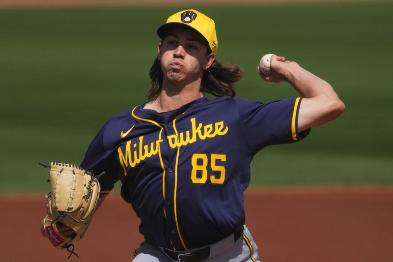 Mar 14, 2024; Peoria, Arizona, USA; Milwaukee Brewers starting pitcher Robert Gasser pitches against the Seattle Mariners during the first inning at Peoria Sports Complex. Mandatory Credit: Joe Camporeale-USA TODAY Sports