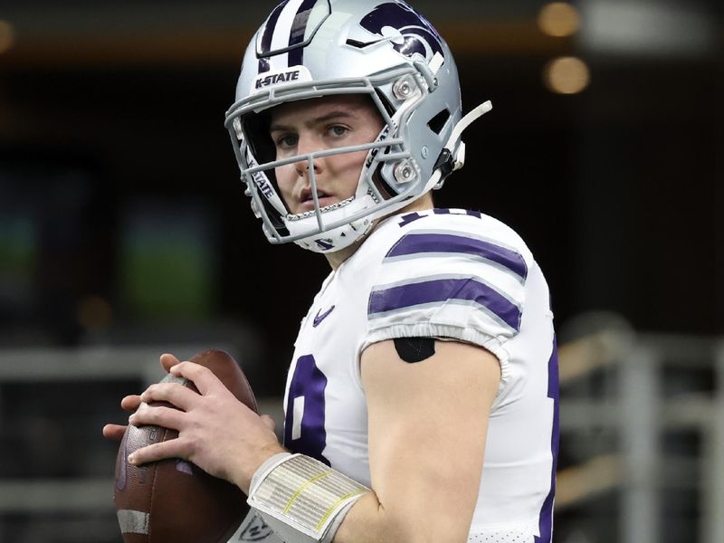 Dec 3, 2022; Arlington, TX, USA;  Kansas State Wildcats quarterback Will Howard (18) warms up before the game against the TCU Horned Frogs at AT&T Stadium. Mandatory Credit: Kevin Jairaj-USA TODAY Sports