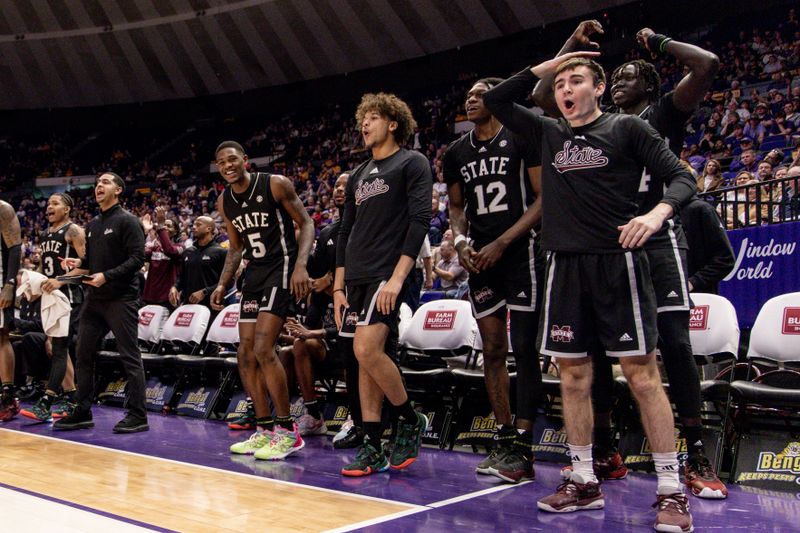 Feb 24, 2024; Baton Rouge, Louisiana, USA; Mississippi State Bulldogs bench reacts to a dunk by forward D.J. Jeffries (not pictured) during the second half at Pete Maravich Assembly Center. Mandatory Credit: Stephen Lew-USA TODAY Sports