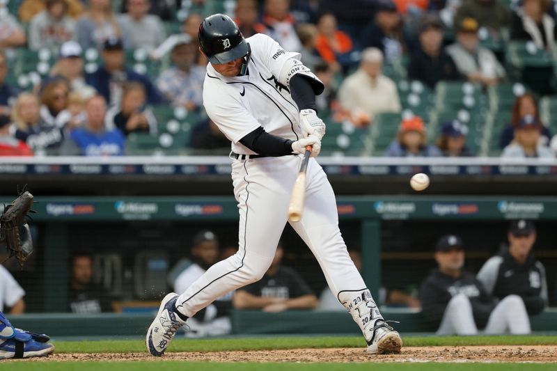 Sep 28, 2023; Detroit, Michigan, USA; Detroit Tigers designated hitter Spencer Torkelson (20) hits a three run home run in the seventh inning against the Kansas City Royals at Comerica Park. Mandatory Credit: Rick Osentoski-USA TODAY Sports