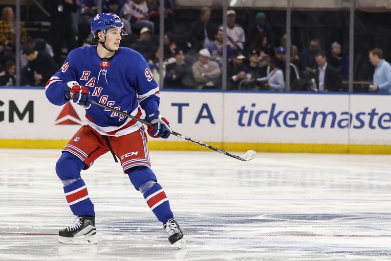 Apr 2, 2025; New York, New York, USA;  New York Rangers right wing Gabe Perreault (94) takes the ice against the Minnesota Wild for his NHL debut at Madison Square Garden. Mandatory Credit: Wendell Cruz-Imagn Images