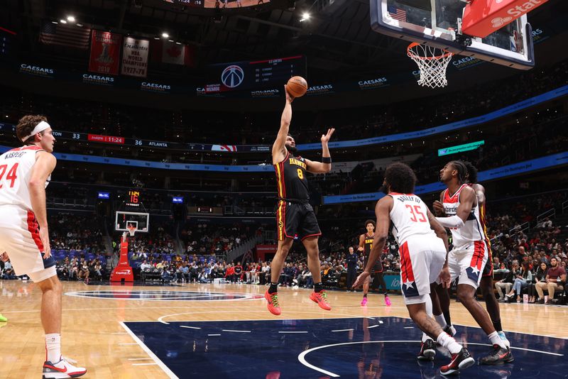 WASHINGTON, DC -? OCTOBER 30:  David Roddy #8 of the Atlanta Hawks shoots the ball during the game against the Washington Wizards during a regular season game on October 30, 2024 at Capital One Arena in Washington, DC. NOTE TO USER: User expressly acknowledges and agrees that, by downloading and or using this Photograph, user is consenting to the terms and conditions of the Getty Images License Agreement. Mandatory Copyright Notice: Copyright 2024 NBAE (Photo by Kenny Giarla/NBAE via Getty Images)