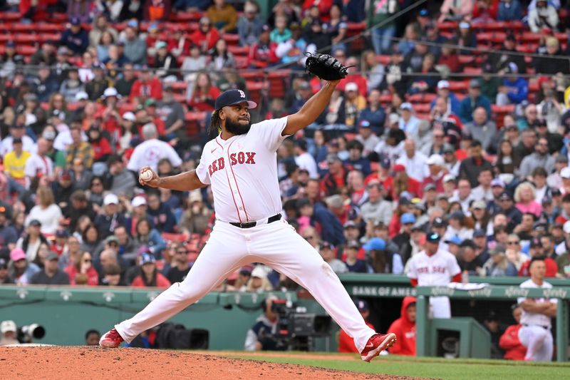 May 12, 2024; Boston, Massachusetts, USA;  Boston Red Sox pitcher Kenley Jansen (74) pitches against the Washington Nationals during the ninth inning at Fenway Park. Mandatory Credit: Eric Canha-USA TODAY Sports