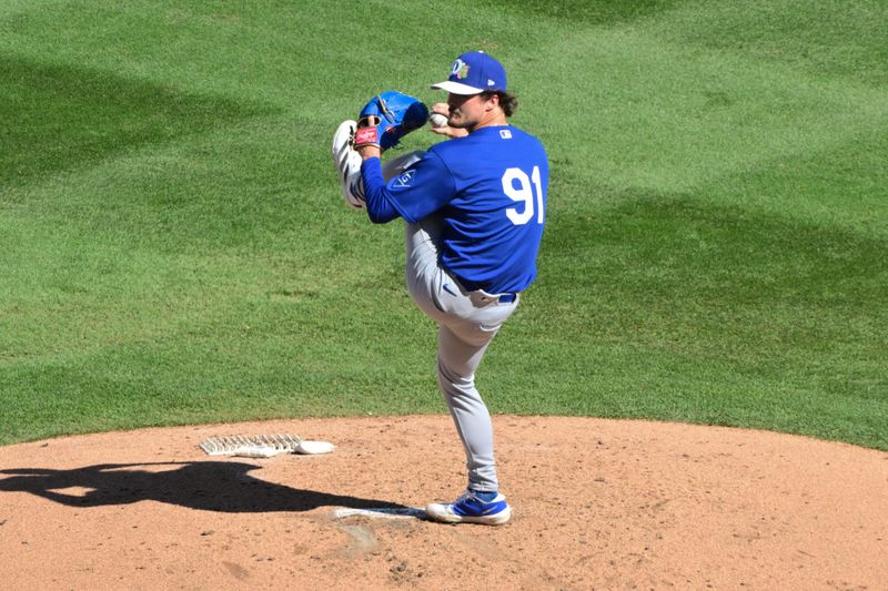 Feb 25, 2026; Salt River Pima-Maricopa, Arizona, USA; Los Angeles Dodgers  pitcher Payton Martin (91) throws in the second inning against the Arizona Diamondbacks at Salt River Fields at Talking Stick. Mandatory Credit: Matt Kartozian-Imagn Images