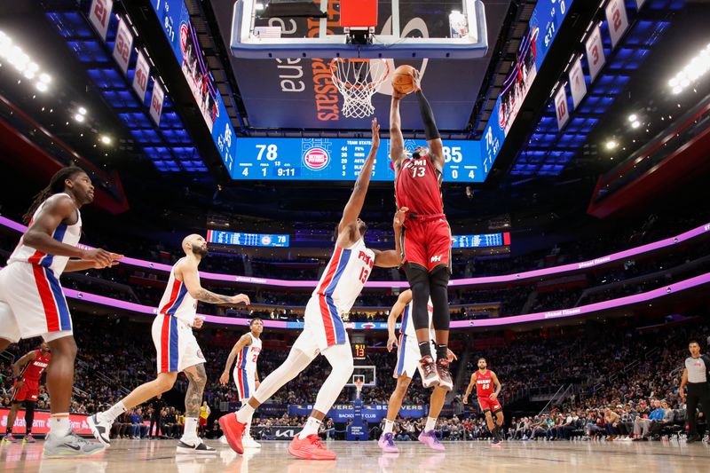 DETROIT, MI - MARCH 17: Bam Adebayo #13 of the Miami Heat goes to the basket during the game on March 17, 2024 at Little Caesars Arena in Detroit, Michigan. NOTE TO USER: User expressly acknowledges and agrees that, by downloading and/or using this photograph, User is consenting to the terms and conditions of the Getty Images License Agreement. Mandatory Copyright Notice: Copyright 2024 NBAE (Photo by Brian Sevald/NBAE via Getty Images)