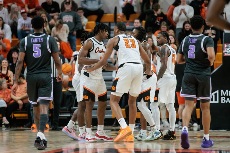 Feb 3, 2024; Stillwater, Oklahoma, USA; Oklahoma State Cowboys huddle during the second half against the Oklahoma State Cowboys at Gallagher-Iba Arena. Mandatory Credit: William Purnell-USA TODAY Sports