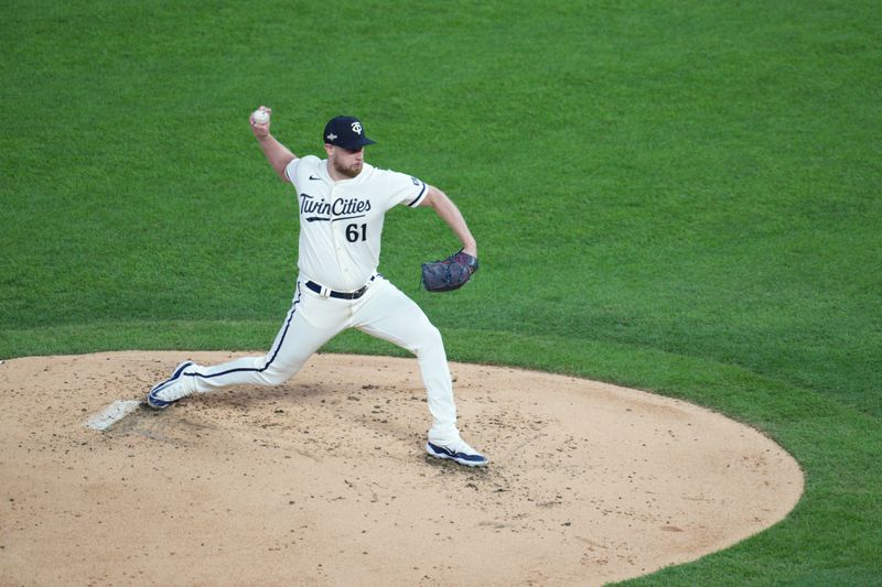 Oct 11, 2023; Minneapolis, Minnesota, USA; Minnesota Twins relief pitcher Brock Stewart (61) pitches in the third inning against the Houston Astros during game four of the ALDS for the 2023 MLB playoffs at Target Field. Mandatory Credit: Matt Blewett-USA TODAY Sports