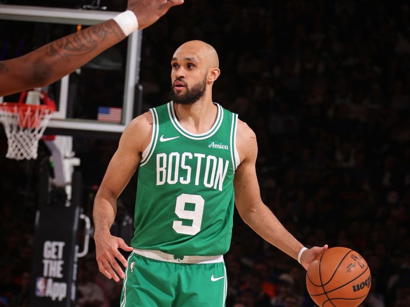 NEW YORK, NY - May 10:    Derrick White #9 of the Boston Celtics dribbles the ball during the game against the New York Knicks  during Round 2 Game 3 of the 2025 NBA Playoffs  on May 10, 2025 at Madison Square Garden in New York City, New York.  NOTE TO USER: User expressly acknowledges and agrees that, by downloading and or using this photograph, User is consenting to the terms and conditions of the Getty Images License Agreement. Mandatory Copyright Notice: Copyright 2025 NBAE  (Photo by Nathaniel S. Butler/NBAE via Getty Images)