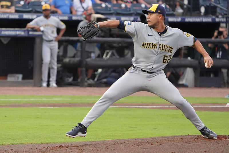 May 9, 2025; Tampa, Florida, USA; Milwaukee Brewers starting pitcher Jose Quintana (62) throws a pitch against the Tampa Bay Rays during the first inning at George M. Steinbrenner Field. Mandatory Credit: Dave Nelson-Imagn Images
