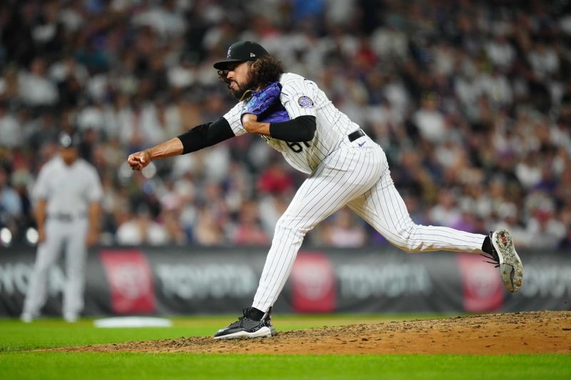 Jul 14, 2023; Denver, Colorado, USA; Colorado Rockies relief pitcher Justin Lawrence (61) pitches in ninth inning against the New York Yankees at Coors Field. Mandatory Credit: Ron Chenoy-USA TODAY Sports