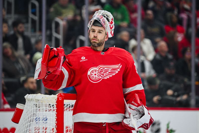 Nov 27, 2024; Detroit, Michigan, USA; Detroit Red Wings goaltender Cam Talbot (39) looks on during the first period against the Calgary Flames at Little Caesars Arena. Mandatory Credit: Tim Fuller-Imagn Images