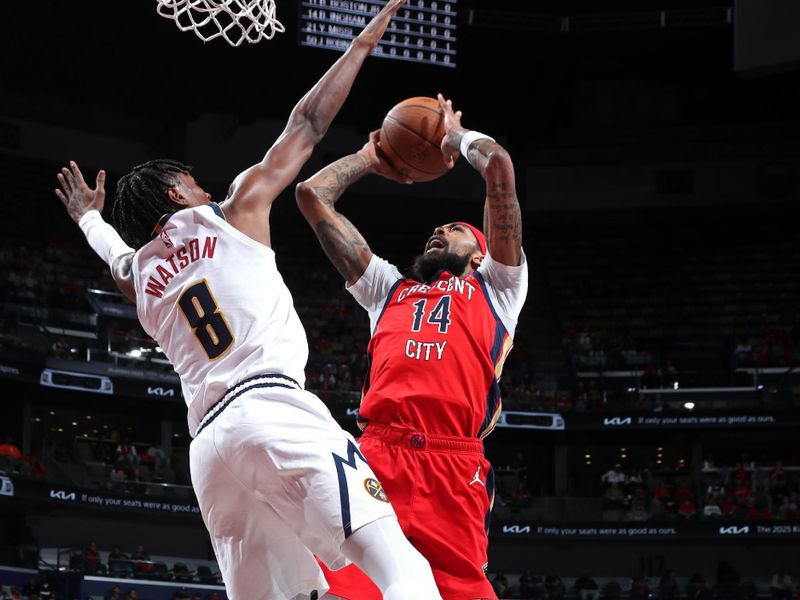 NEW ORLEANS, LA - NOVEMBER 15: Brandon Ingram #14 of the New Orleans Pelicans drives to the basket during the game against the Denver Nuggets during the Emirates NBA Cup game on November 15, 2024 at the Smoothie King Center in New Orleans, Louisiana. NOTE TO USER: User expressly acknowledges and agrees that, by downloading and or using this Photograph, user is consenting to the terms and conditions of the Getty Images License Agreement. Mandatory Copyright Notice: Copyright 2024 NBAE (Photo by Layne Murdoch Jr./NBAE via Getty Images)