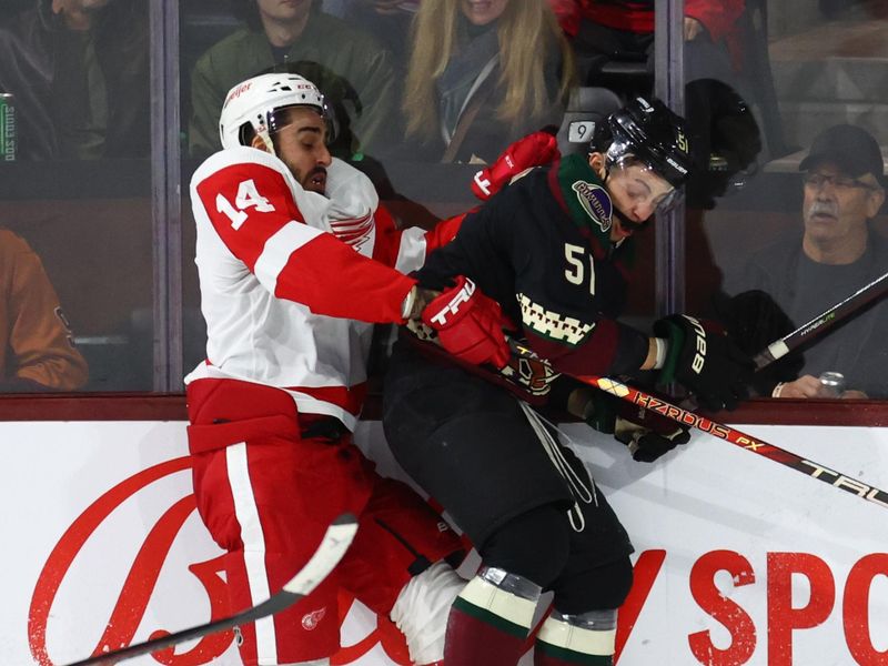 Jan 17, 2023; Tempe, Arizona, USA; Detroit Red Wings center Robby Fabbri (14) and Arizona Coyotes defenseman Troy Stecher (51) battle for the puck in the second period at Mullett Arena. Mandatory Credit: Mark J. Rebilas-USA TODAY Sports