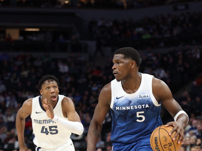 MINNEAPOLIS, MN -  FEBRUARY 28:  Anthony Edwards #5 of the Minnesota Timberwolves handles the ball during the game against the Memphis Grizzlies on February 28, 2024 at Target Center in Minneapolis, Minnesota. NOTE TO USER: User expressly acknowledges and agrees that, by downloading and or using this Photograph, user is consenting to the terms and conditions of the Getty Images License Agreement. Mandatory Copyright Notice: Copyright 2024 NBAE (Photo by Jordan Johnson/NBAE via Getty Images)