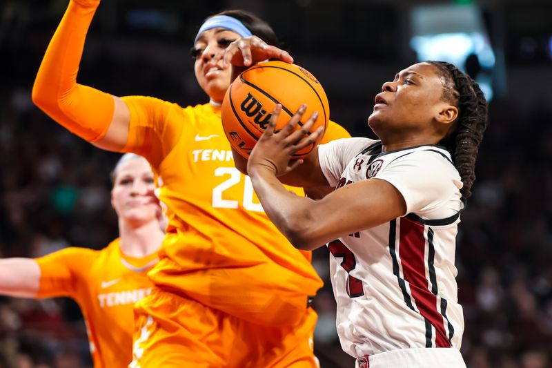 Mar 3, 2024; Columbia, South Carolina, USA; South Carolina Gamecocks guard MiLaysia Fulwiley (12) drives against the Tennessee Lady Vols in the first half at Colonial Life Arena. Mandatory Credit: Jeff Blake-USA TODAY Sports