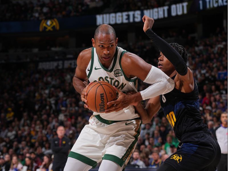 DENVER, CO - MARCH 7: Al Horford #42 of the Boston Celtics handles the ball during the game against the Denver Nuggets on March 7, 2024 at the Ball Arena in Denver, Colorado. NOTE TO USER: User expressly acknowledges and agrees that, by downloading and/or using this Photograph, user is consenting to the terms and conditions of the Getty Images License Agreement. Mandatory Copyright Notice: Copyright 2024 NBAE (Photo by Bart Young/NBAE via Getty Images)