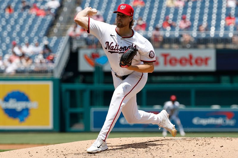 May 22, 2024; Washington, District of Columbia, USA; Washington Nationals pitcher Jake Irvin (27) pitches against the Minnesota Twins during the third inning at Nationals Park. Mandatory Credit: Geoff Burke-USA TODAY Sports