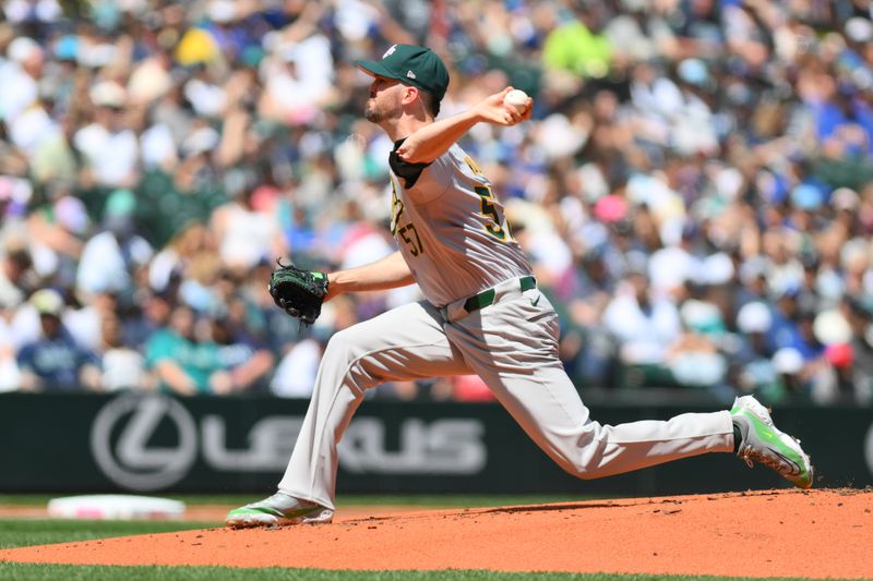 May 12, 2024; Seattle, Washington, USA; Oakland Athletics starting pitcher Alex Wood (57) pitches to the Seattle Mariners during the first inning at T-Mobile Park. Mandatory Credit: Steven Bisig-USA TODAY Sports