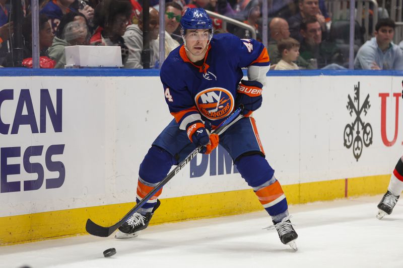 Mar 16, 2024; Elmont, New York, USA;  New York Islanders center Jean-Gabriel Pageau (44) skates with the puck against Ottawa Senators during the third period at UBS Arena. Mandatory Credit: Thomas Salus-USA TODAY Sports