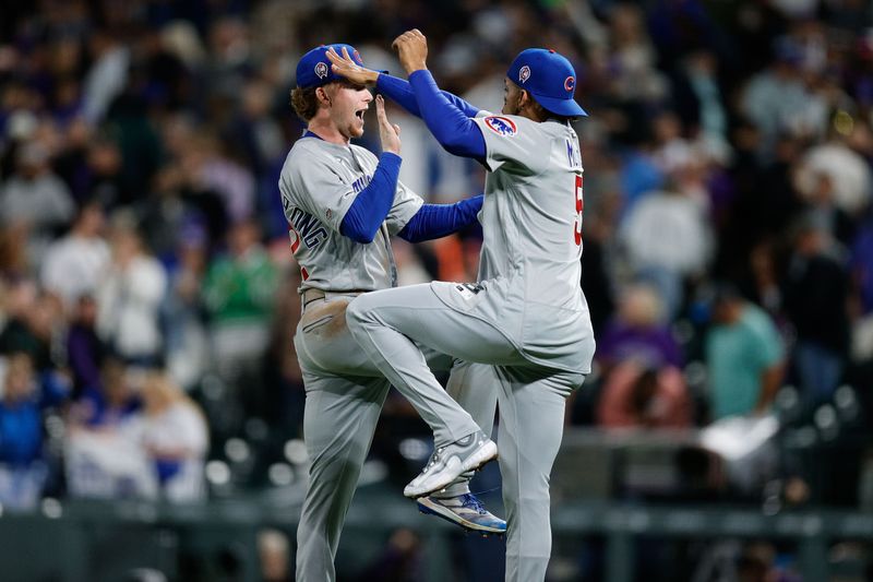 Sep 11, 2023; Denver, Colorado, USA; Chicago Cubs center fielder Pete Crow-Armstrong (52) celebrates with designated hitter Christopher Morel (5) after the game against the Colorado Rockies at Coors Field. Mandatory Credit: Isaiah J. Downing-USA TODAY Sports