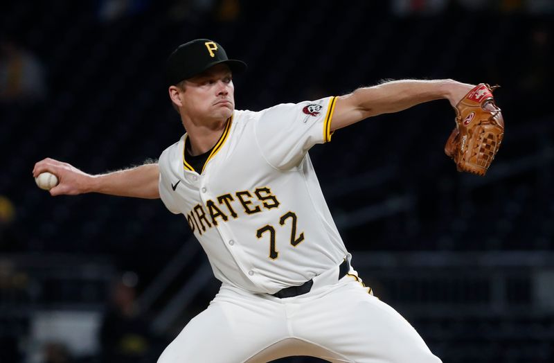 Apr 8, 2024; Pittsburgh, Pennsylvania, USA;  Pittsburgh Pirates relief pitcher Ryder Ryan (72) pitches against the Detroit Tigers during the ninth inning at PNC Park. Pittsburgh won 7-4.Mandatory Credit: Charles LeClaire-USA TODAY Sports