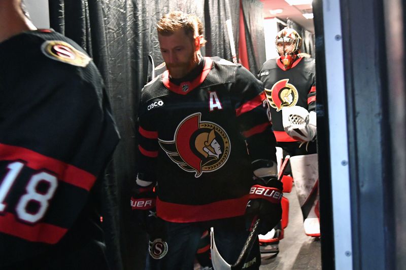 Mar 2, 2024; Philadelphia, Pennsylvania, USA;  Ottawa Senators right wing Claude Giroux (28) in the tunnel before warmups against the Philadelphia Flyers at Wells Fargo Center. Mandatory Credit: Eric Hartline-USA TODAY Sports