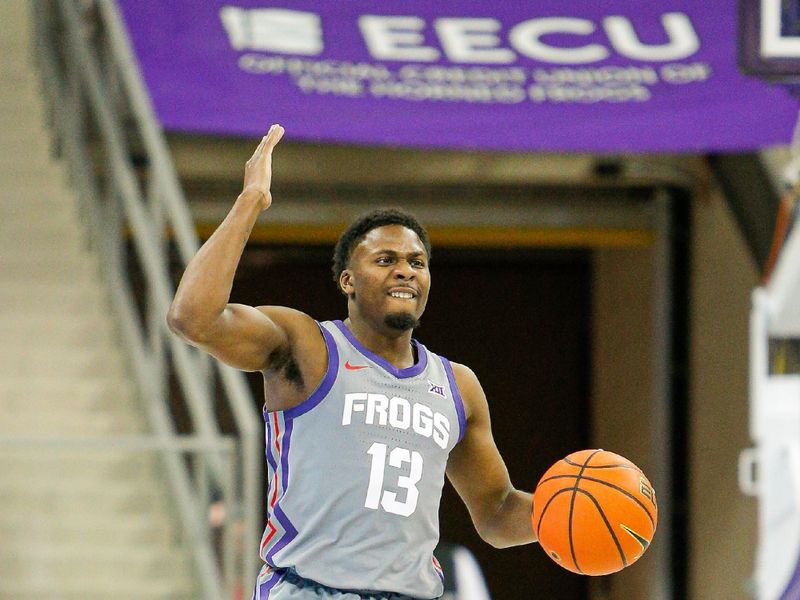 Jan 7, 2023; Fort Worth, Texas, USA; TCU Horned Frogs guard Shahada Wells (13) calls out the play as he comes up the court during the first half against the Iowa State Cyclones at Ed and Rae Schollmaier Arena. Mandatory Credit: Andrew Dieb-USA TODAY Sports