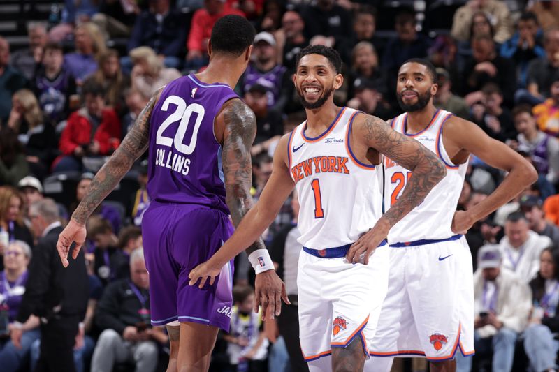 SALT LAKE CITY, UT - NOVEMBER 23: Cameron Payne #1 of the New York Knicks smiles during the game against the Utah Jazz on November 23, 2024 at Delta Center in Salt Lake City, Utah. NOTE TO USER: User expressly acknowledges and agrees that, by downloading and or using this Photograph, User is consenting to the terms and conditions of the Getty Images License Agreement. Mandatory Copyright Notice: Copyright 2024 NBAE (Photo by Melissa Majchrzak/NBAE via Getty Images)