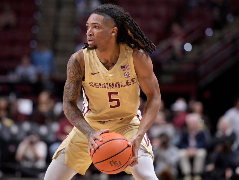 Jan 29, 2025; Tallahassee, Florida, USA; Florida State Seminoles guard DaQuan Davis (5) during the first half against the Virginia Tech Hokies at Donald L. Tucker Center. Mandatory Credit: Melina Myers-Imagn Images