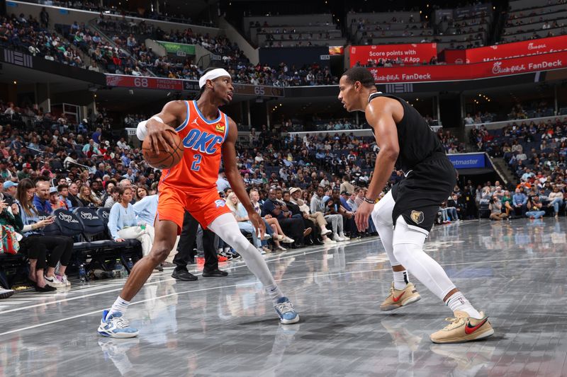 MEMPHIS, TN - MARCH 16:  Shai Gilgeous-Alexander #2 of the Oklahoma City Thunder handles the ball during the game against the Memphis Grizzlies on March 16, 2024 at FedExForum in Memphis, Tennessee. NOTE TO USER: User expressly acknowledges and agrees that, by downloading and or using this photograph, User is consenting to the terms and conditions of the Getty Images License Agreement. Mandatory Copyright Notice: Copyright 2024 NBAE (Photo by Joe Murphy/NBAE via Getty Images)