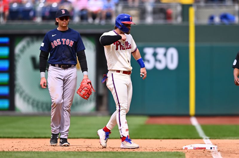 May 7, 2023; Philadelphia, Pennsylvania, USA; Philadelphia Phillies designated hitter Bryce Harper (3) reacts after hitting a single against the Boston Red Sox in the sixth inning at Citizens Bank Park. Mandatory Credit: Kyle Ross-USA TODAY Sports