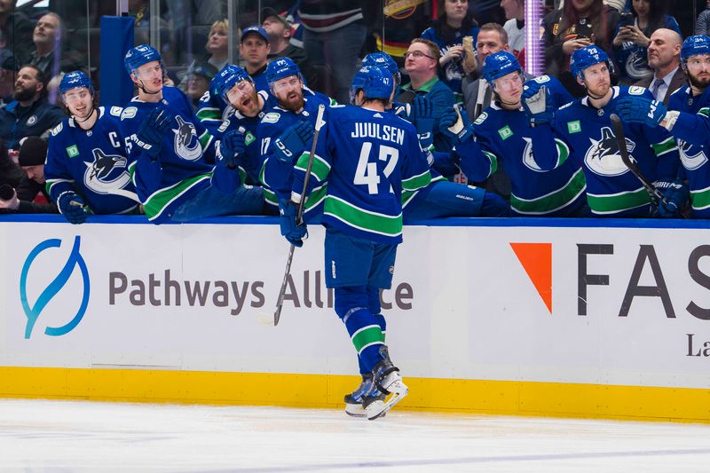 Feb 17, 2024; Vancouver, British Columbia, CAN; Vancouver Canucks defenseman Noah Juulsen (47) celebrates his goal against the Winnipeg Jets in the second period at Rogers Arena. Mandatory Credit: Bob Frid-USA TODAY Sports