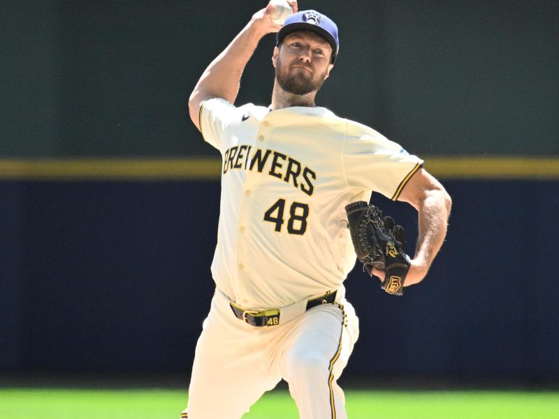 May 1, 2024; Milwaukee, Wisconsin, USA; Milwaukee Brewers starting pitcher Colin Rea (48) delivers a pitch against the Tampa Bay Rays in the first inning at American Family Field. Mandatory Credit: Michael McLoone-USA TODAY Sports