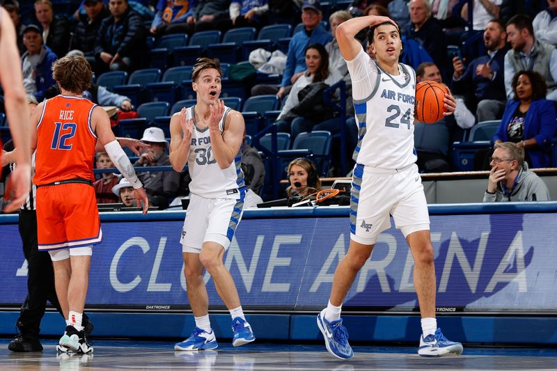 Jan 31, 2023; Colorado Springs, Colorado, USA; Air Force Falcons guard Camden Vander Zwaag (30) and guard Jeffrey Mills (24) react after a play with Boise State Broncos guard Max Rice (12) in the second half at Clune Arena. Mandatory Credit: Isaiah J. Downing-USA TODAY Sports