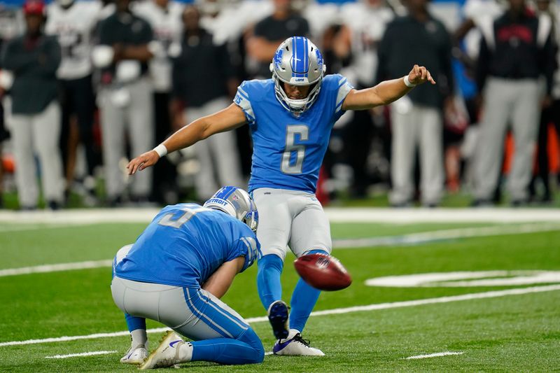 Detroit Lions place kicker Riley Patterson (6) kicks a field goal against the Atlanta Falcons during a preseason NFL football game in Detroit, Friday, Aug. 12, 2022. (AP Photo/Paul Sancya)