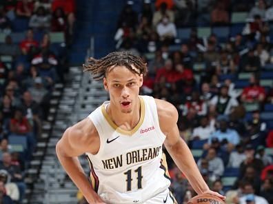 NEW ORLEANS, LA - NOVEMBER 2: Dyson Daniels #11 of the New Orleans Pelicans drives to the basket during the game against the Detroit Pistons on November 2, 2023 at the Smoothie King Center in New Orleans, Louisiana. NOTE TO USER: User expressly acknowledges and agrees that, by downloading and or using this Photograph, user is consenting to the terms and conditions of the Getty Images License Agreement. Mandatory Copyright Notice: Copyright 2023 NBAE (Photo by Layne Murdoch Jr./NBAE via Getty Images)