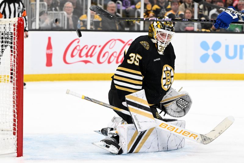 Apr 22, 2024; Boston, Massachusetts, USA; A goal scored by Toronto Maple Leafs left wing Tyler Bertuzzi (not seen) on Boston Bruins goaltender Linus Ullmark (35) was overturned after video review during the second period in game two of the first round of the 2024 Stanley Cup Playoffs at TD Garden. Mandatory Credit: Brian Fluharty-USA TODAY Sports