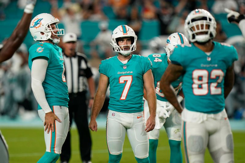 Miami Dolphins place kicker Jason Sanders (7) looks up after missing a field goal during the second half of a NFL preseason football game against the Las Vegas Raiders, Saturday, August 20, 2022, in Miami Gardens, Fla. The Raiders defeated the Dolphins 15-13. (AP Photo/Wilfredo Lee)