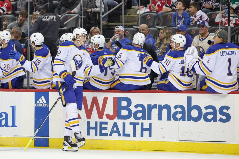 Oct 27, 2023; Newark, New Jersey, USA; Buffalo Sabres right wing Tage Thompson (72) celebrates his goal with teammates during the first period against the New Jersey Devils at Prudential Center. Mandatory Credit: Vincent Carchietta-USA TODAY Sports