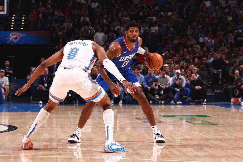 OKLAHOMA CITY, OK - FEBRUARY 22: Paul George #13 of the LA Clippers handles the ball during the game against the Oklahoma City Thunder on February 22SF, 2024 at Paycom Arena in Oklahoma City, Oklahoma. NOTE TO USER: User expressly acknowledges and agrees that, by downloading and or using this photograph, User is consenting to the terms and conditions of the Getty Images License Agreement. Mandatory Copyright Notice: Copyright 2024 NBAE (Photo by Zach Beeker/NBAE via Getty Images)