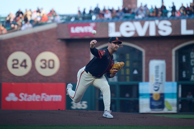 Sep 14, 2024; San Francisco, California, USA; San Francisco Giants starting pitcher Mason Black (47) throws a pitch against the San Diego Padres during the first inning at Oracle Park. Mandatory Credit: Robert Edwards-Imagn Images