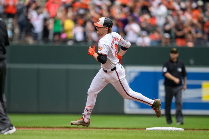 May 19, 2024; Baltimore, Maryland, USA; Baltimore Orioles shortstop Gunnar Henderson (2) rounds the bases after hitting a home run during the first inning against the Seattle Mariners at Oriole Park at Camden Yards. Mandatory Credit: Reggie Hildred-USA TODAY Sports