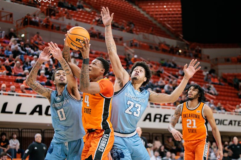 Dec 18, 2025; Stillwater, Oklahoma, USA; Oklahoma State Cowboys guard Christian Coleman (4) shoots the ball around Kansas City Roos guard Karmello Branch (0) during the first half at Gallagher-Iba Arena. Mandatory Credit: William Purnell-Imagn Images