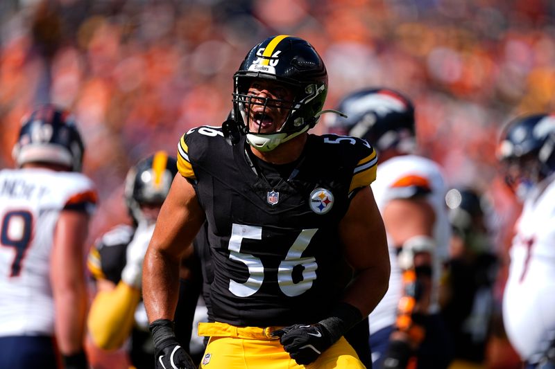 Pittsburgh Steelers linebacker Alex Highsmith (56) reacts during the first half of an NFL football game against the Denver Broncos, Sunday, Sept. 15, 2024, in Denver. (AP Photo/David Zalubowski)