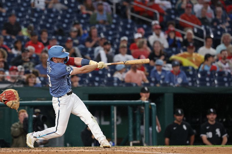 Sep 27, 2025; Washington, District of Columbia, USA; Washington Nationals outfielder Jacob Young (30) hits a two run home run against the Chicago White Sox during the seventh inning at Nationals Park. Mandatory Credit: Geoff Burke-Imagn Images