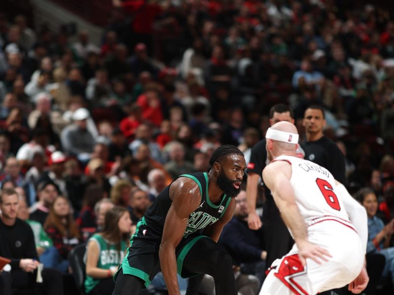 CHICAGO, IL - FEBRUARY 22: Jaylen Brown #7 of the Boston Celtics handles the ball during the game against the Chicago Bulls on February 22, 2024 at United Center in Chicago, Illinois. NOTE TO USER: User expressly acknowledges and agrees that, by downloading and or using this photograph, User is consenting to the terms and conditions of the Getty Images License Agreement. Mandatory Copyright Notice: Copyright 2024 NBAE (Photo by Jeff Haynes/NBAE via Getty Images)