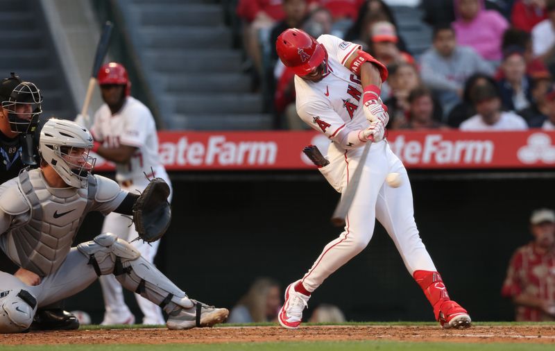 May 2, 2025; Anaheim, California, USA; a19 doubles during the 3rd inning against the Detroit Tigers at Angel Stadium. Mandatory Credit: Jason Parkhurst-Imagn Images