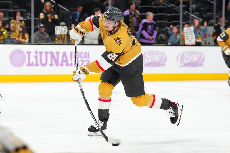 Nov 25, 2023; Las Vegas, Nevada, USA; Vegas Golden Knights center Brett Howden (21) warms up before a game against the Arizona Coyotes at T-Mobile Arena. Mandatory Credit: Stephen R. Sylvanie-USA TODAY Sports